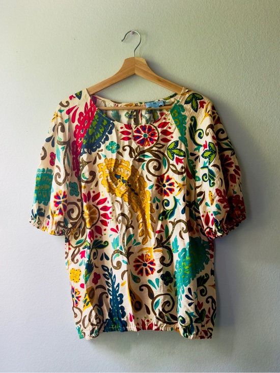 CeCe Tops - CeCe Floral Scoop-Neck Blouse in Cream, Blue & Green
